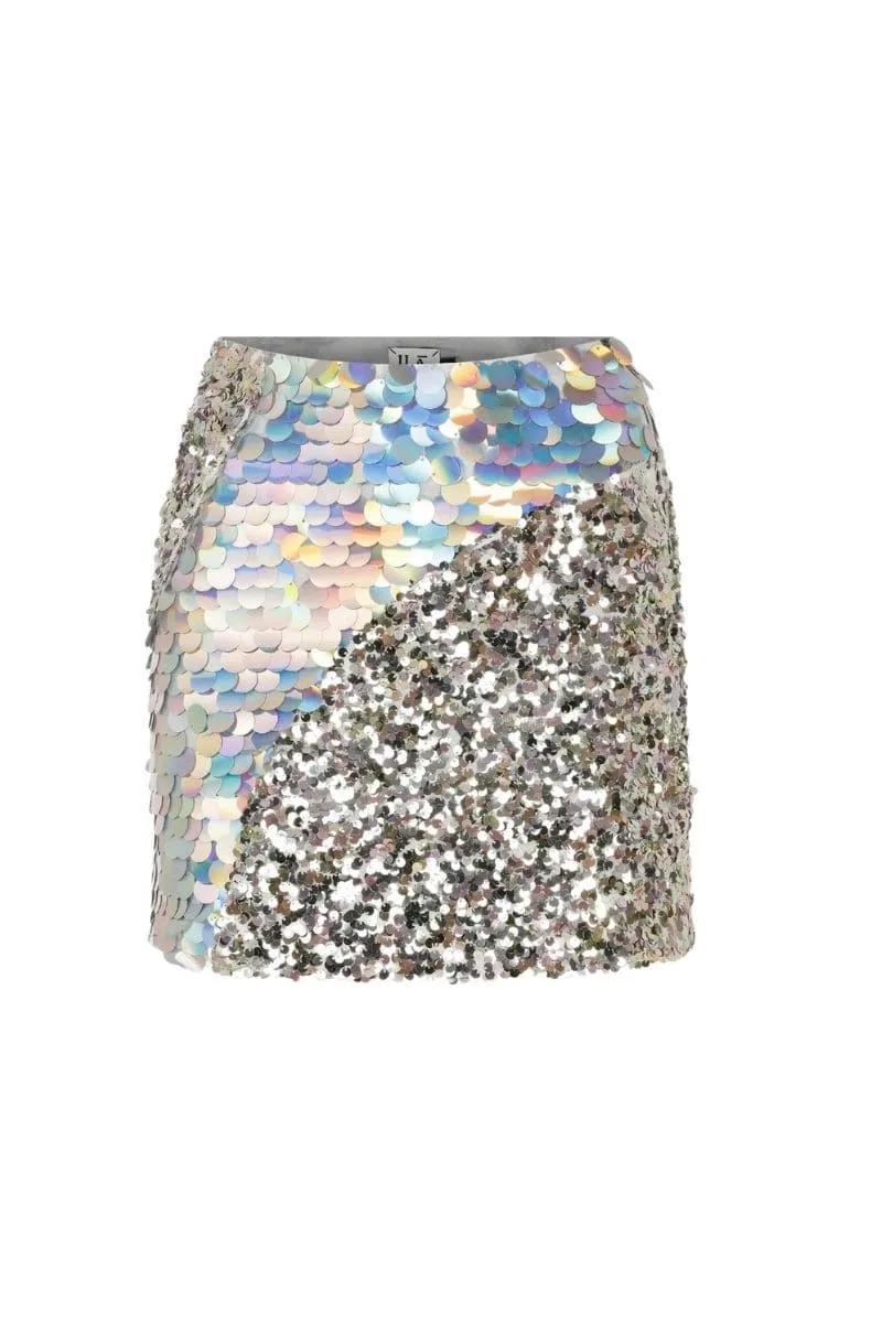 ALDA SILVER PATCHWORK SEQUIN SKIRT