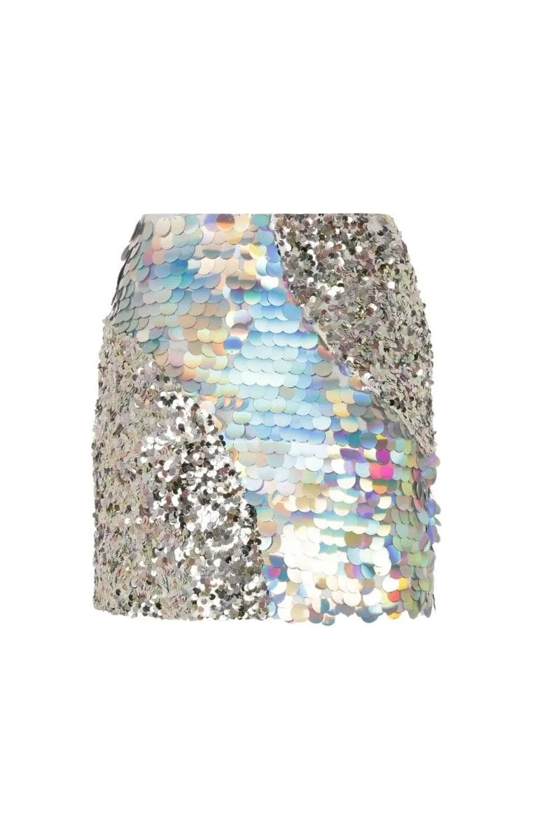 ALDA SILVER PATCHWORK SEQUIN SKIRT