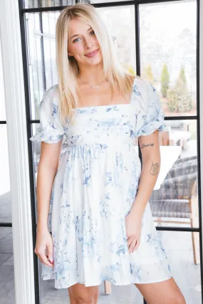 Aurora Floral Babydoll Mini Dress, Chambray Multi