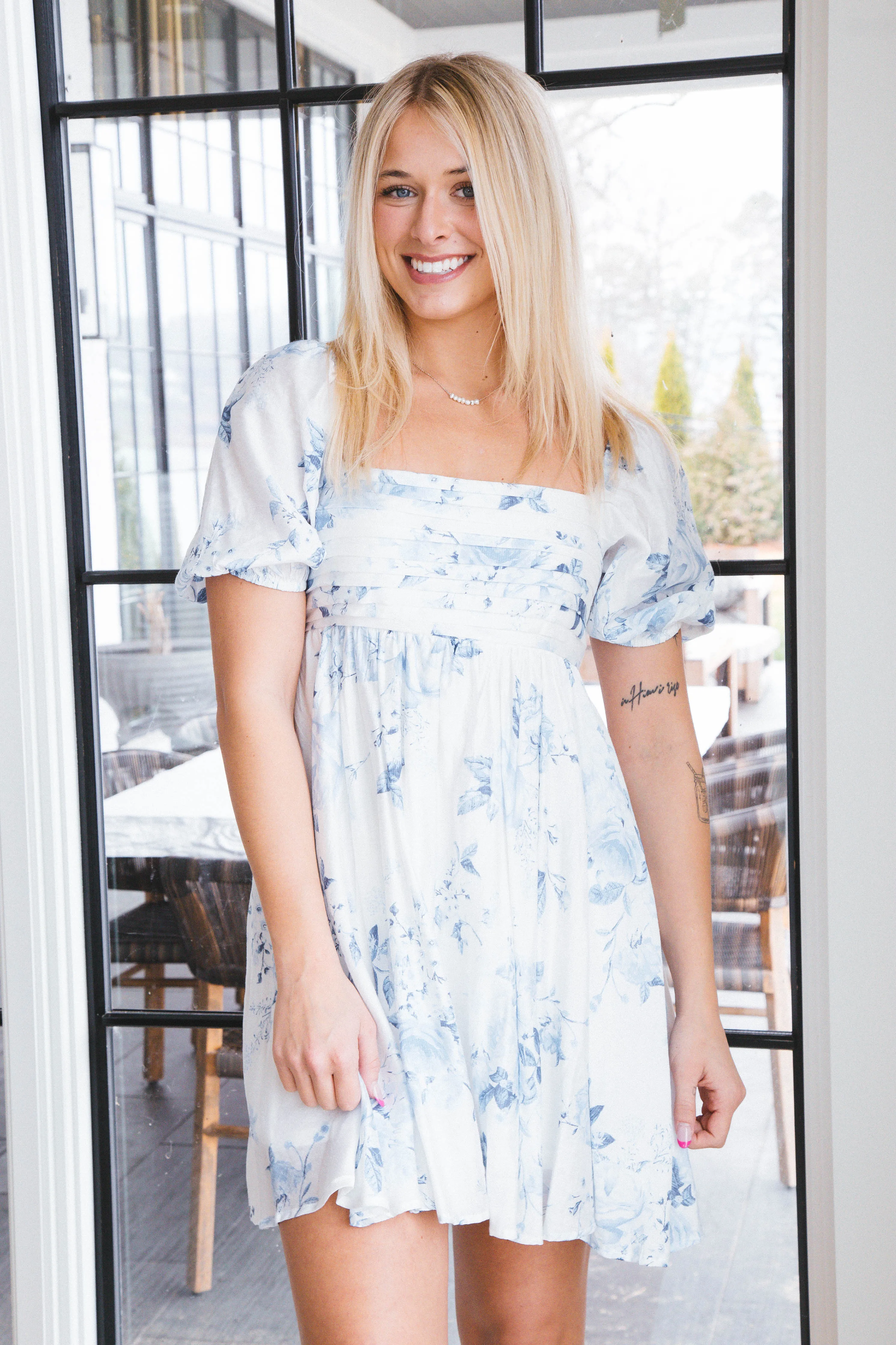 Aurora Floral Babydoll Mini Dress, Chambray Multi