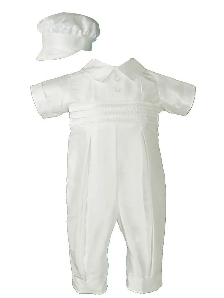 Baby Boys Ivory Silk Pleated Pants Pin Tuck Hat Christening Coverall 0-24M