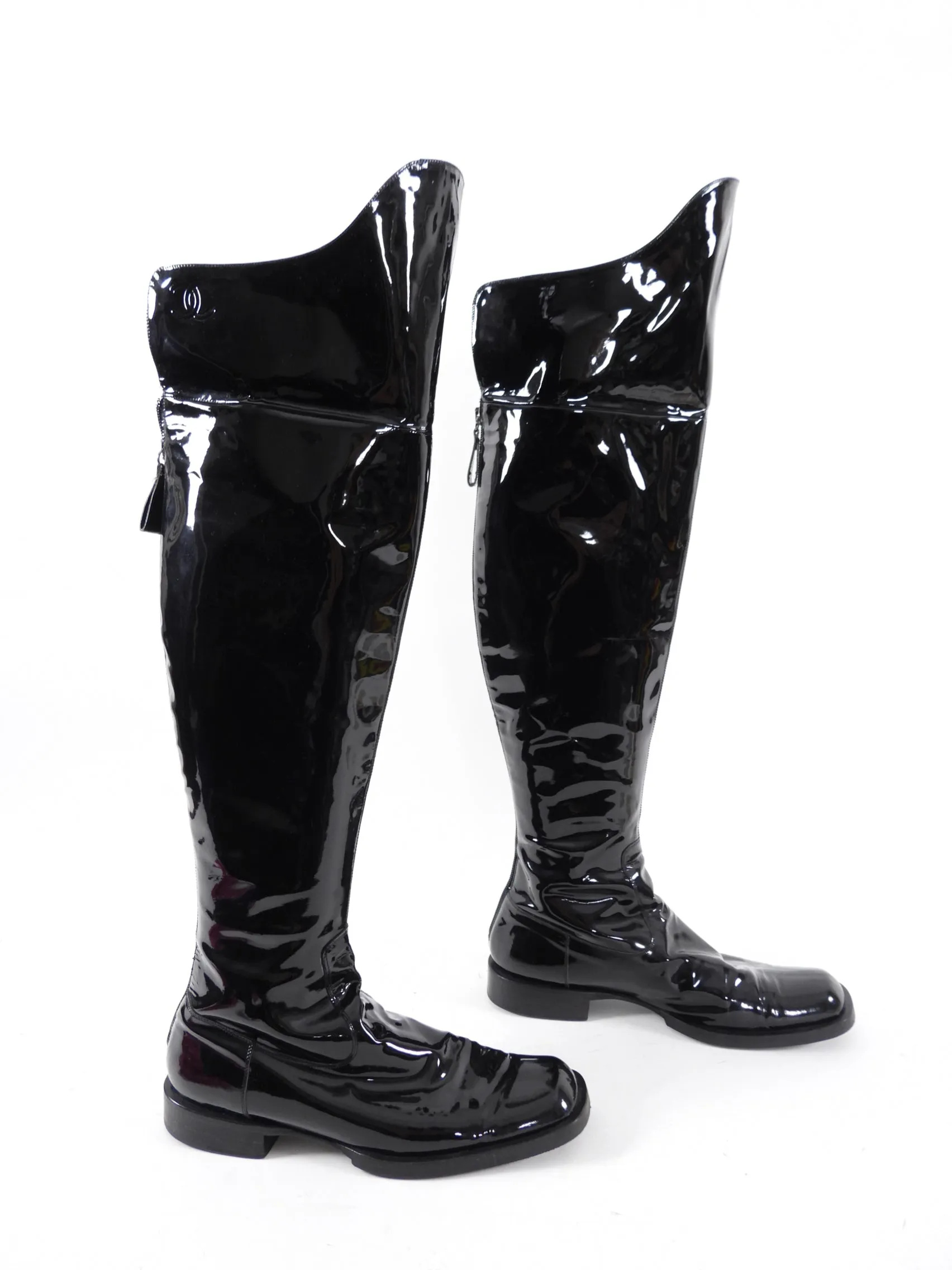 Chanel Vintage 2001 Black Patent Tall Over Knee Flat Boot - 8.5