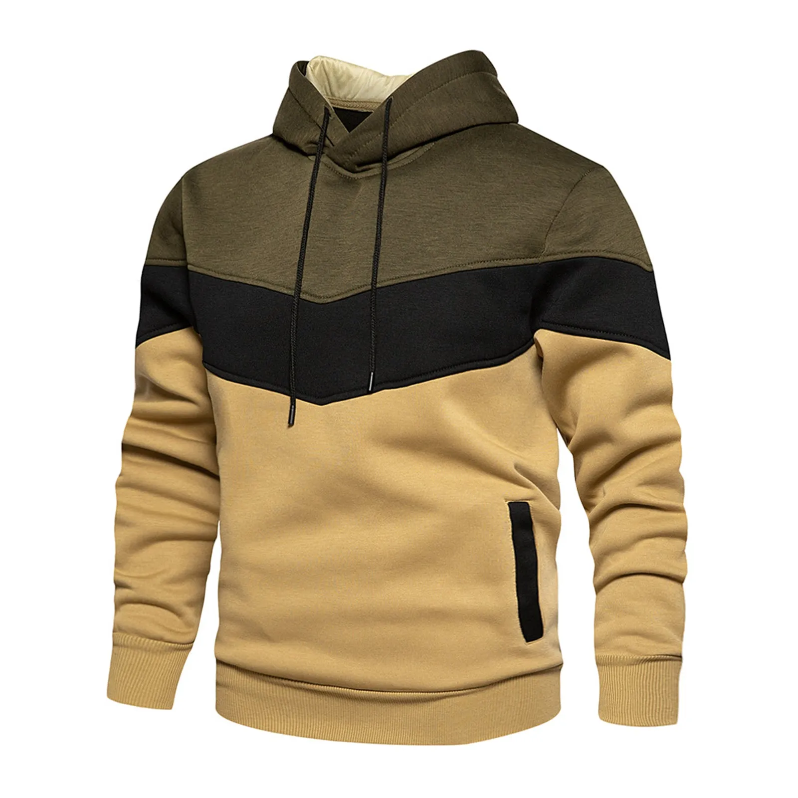 COLOR BLOCK PATCHWORK CASUAL POCKET HOODIE