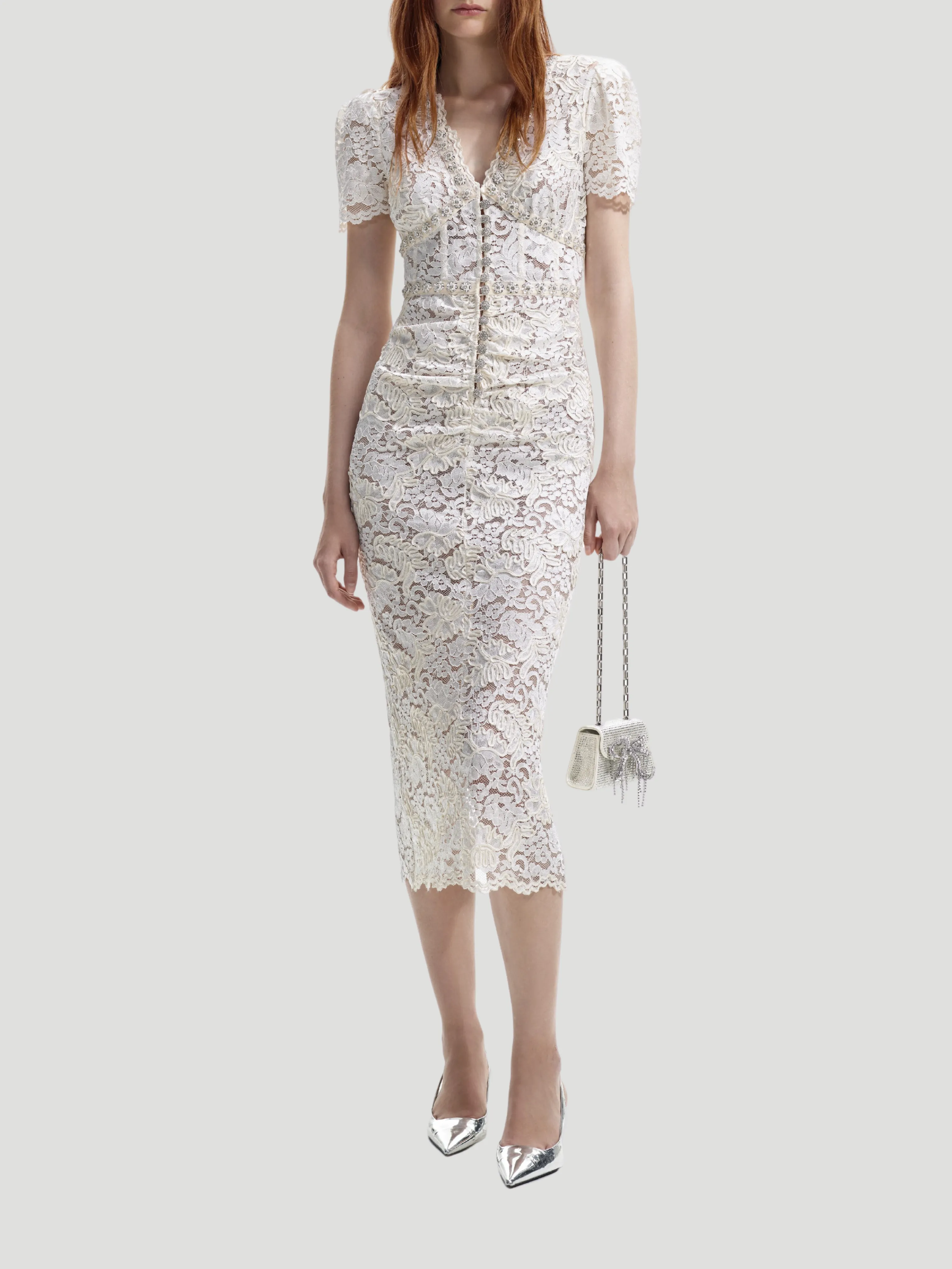 Cream Cord Lace V-Neck Midi Dress