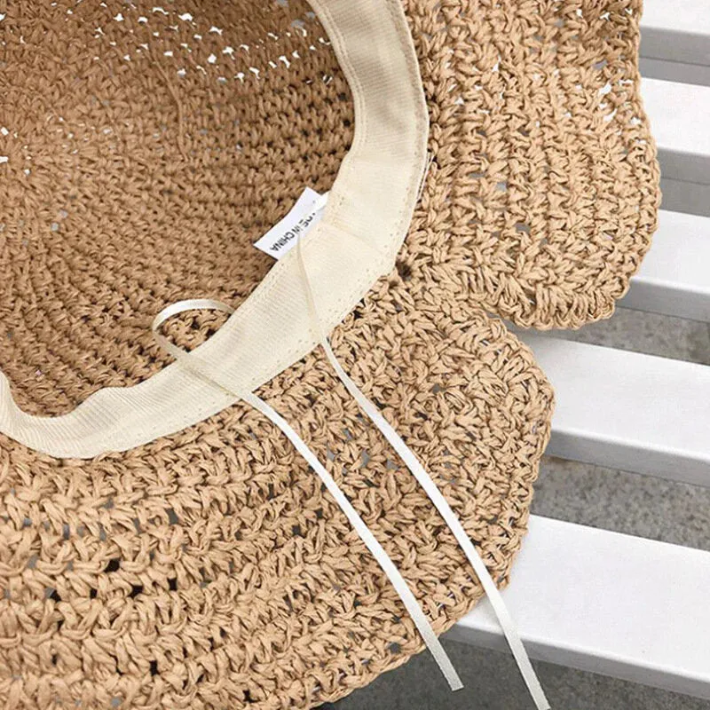 Female Foldable Bowknot Decoration Casual Breathable Small Brim Sunscreen Sun Hat Straw Hat Bucket Hat