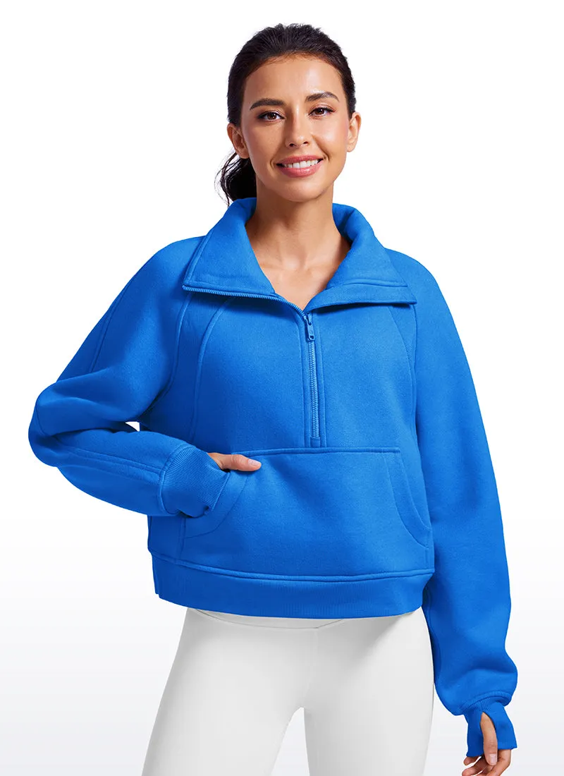 Fleece Lined Half Zip Hoodies Funnel Neck with Thumb Holes