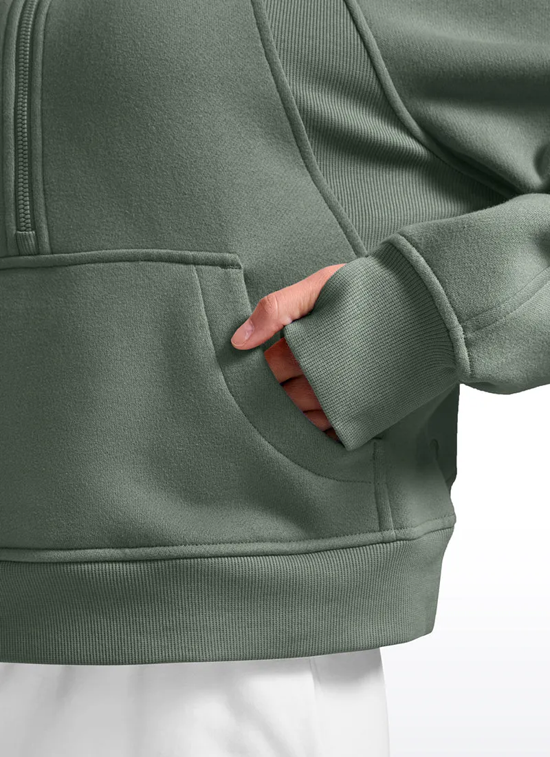 Fleece Lined Half Zip Hoodies Funnel Neck with Thumb Holes