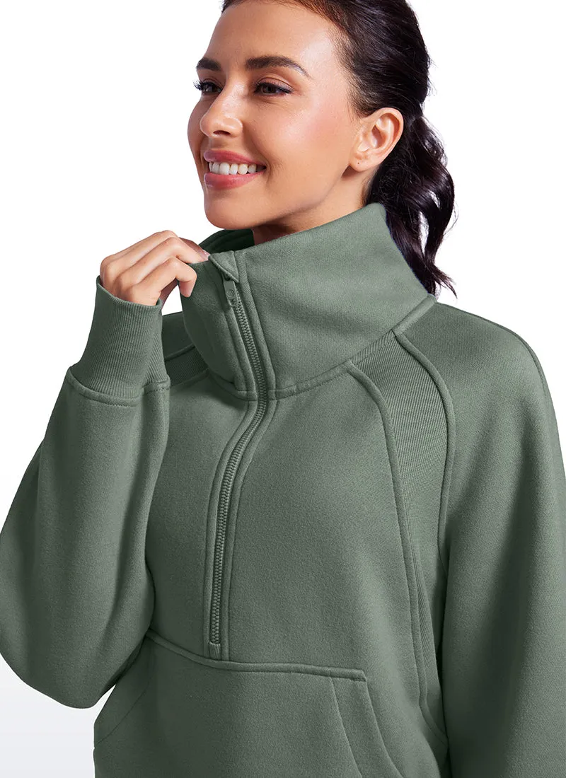 Fleece Lined Half Zip Hoodies Funnel Neck with Thumb Holes