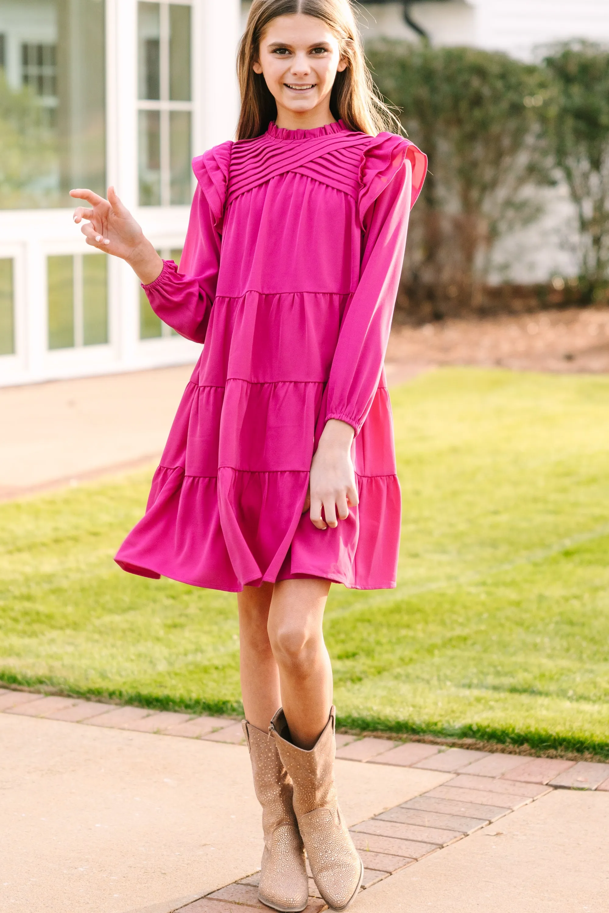 Girls: All About You Magenta Pink L/S Ruffled Dress