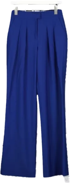 Karen Millen Blue Polished Stretch Wool Blend Pleated Wide Leg Trousers UK 6