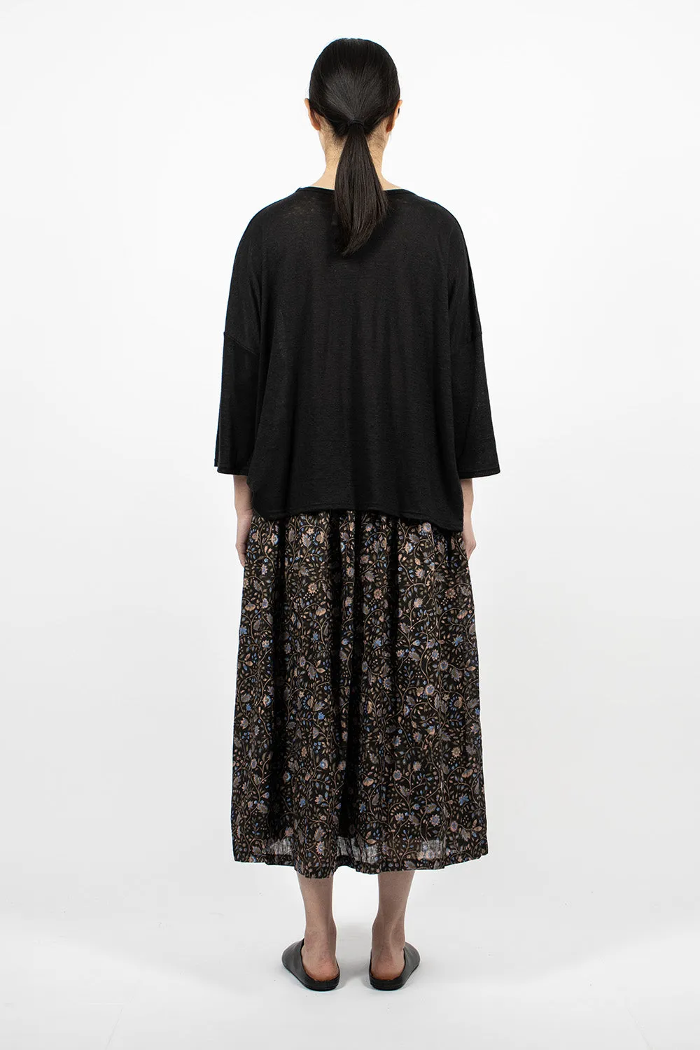 Linen Floral Pattern Skirt Black