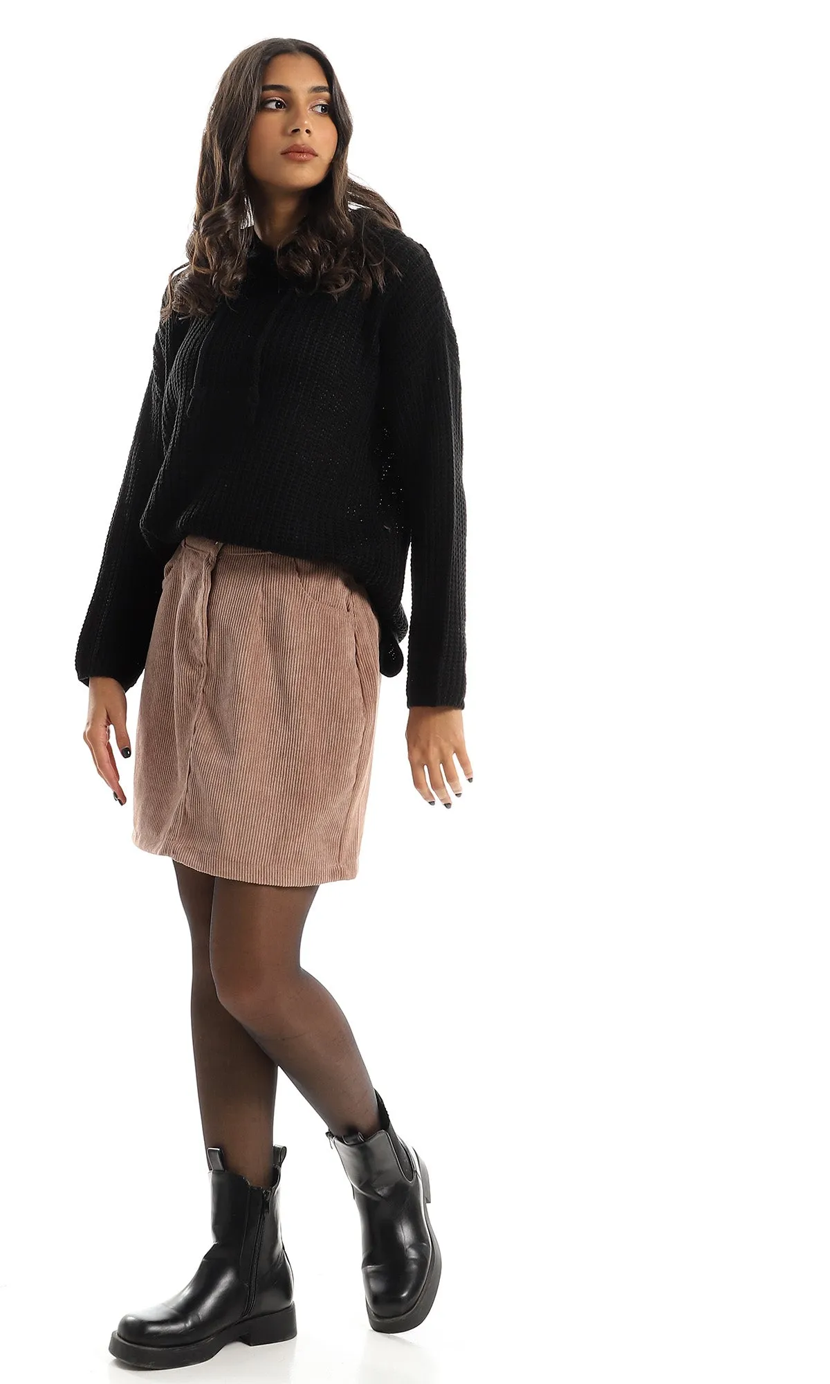 O155937 Side Pockets Corduroy Coffee Skirt