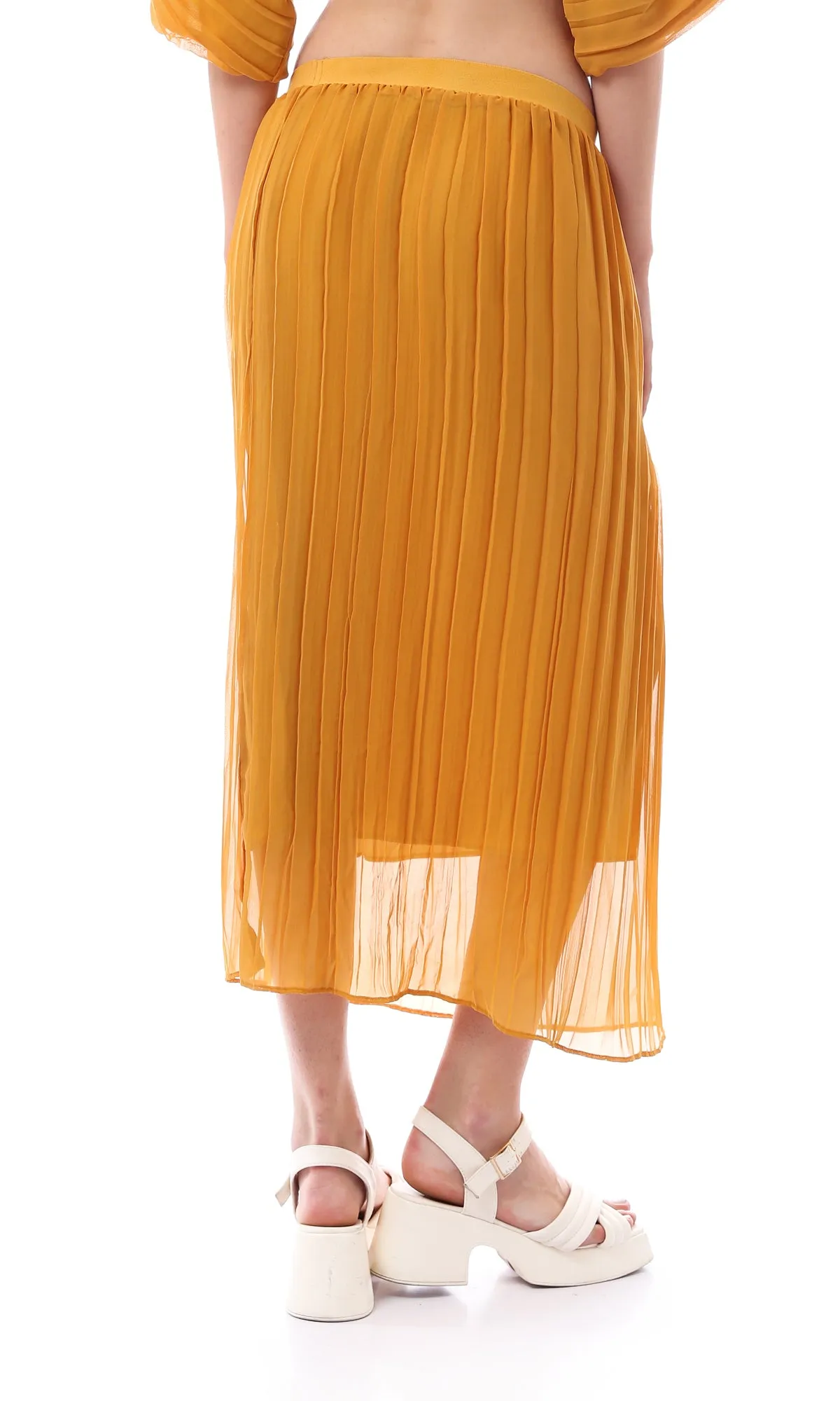 O166417 Mustard Slip On Summer Plisse Skirt