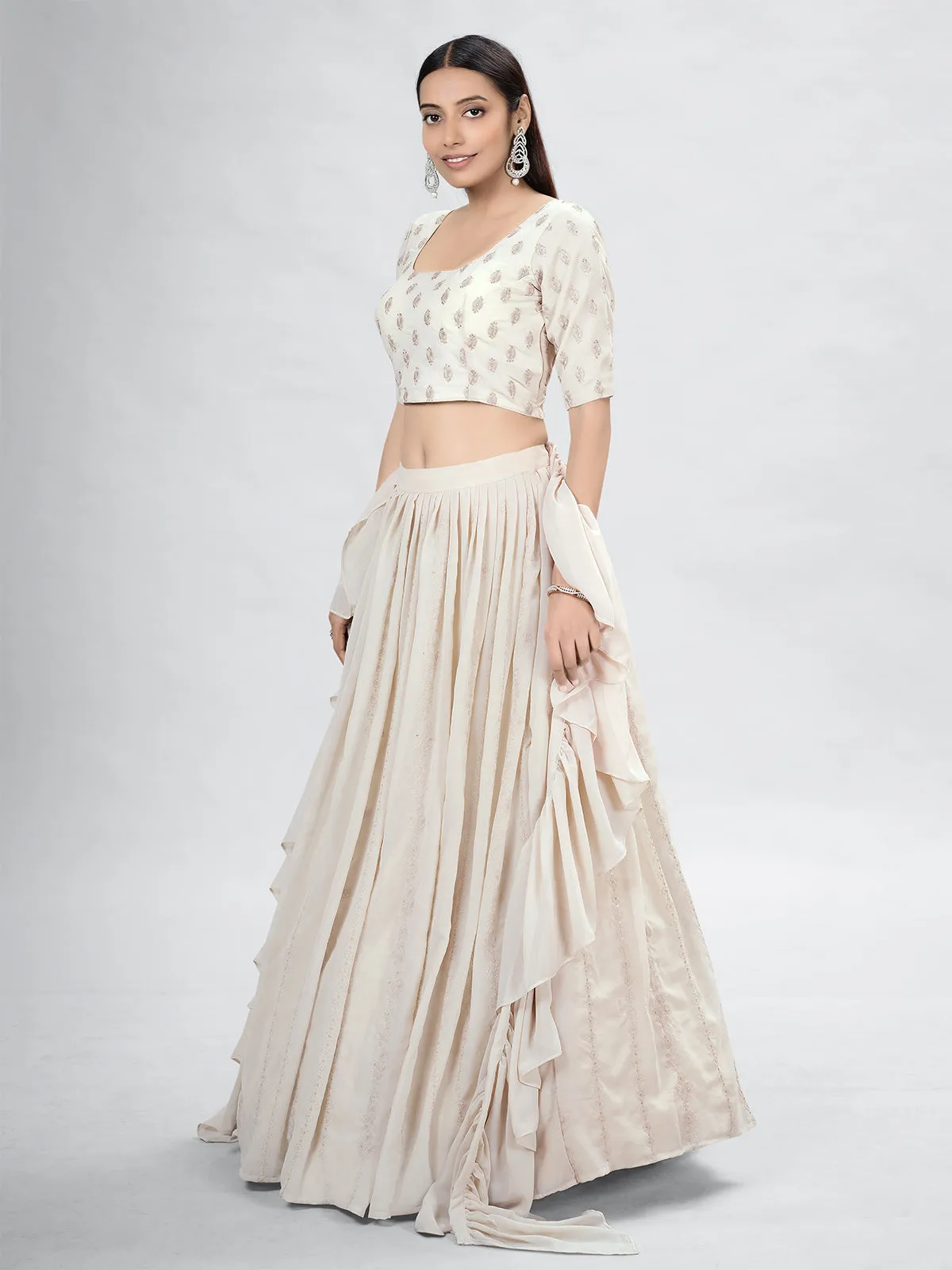 Odette Beige Georgette Printed Semi Stitched Lehenga With Unstitched Blouse For Women