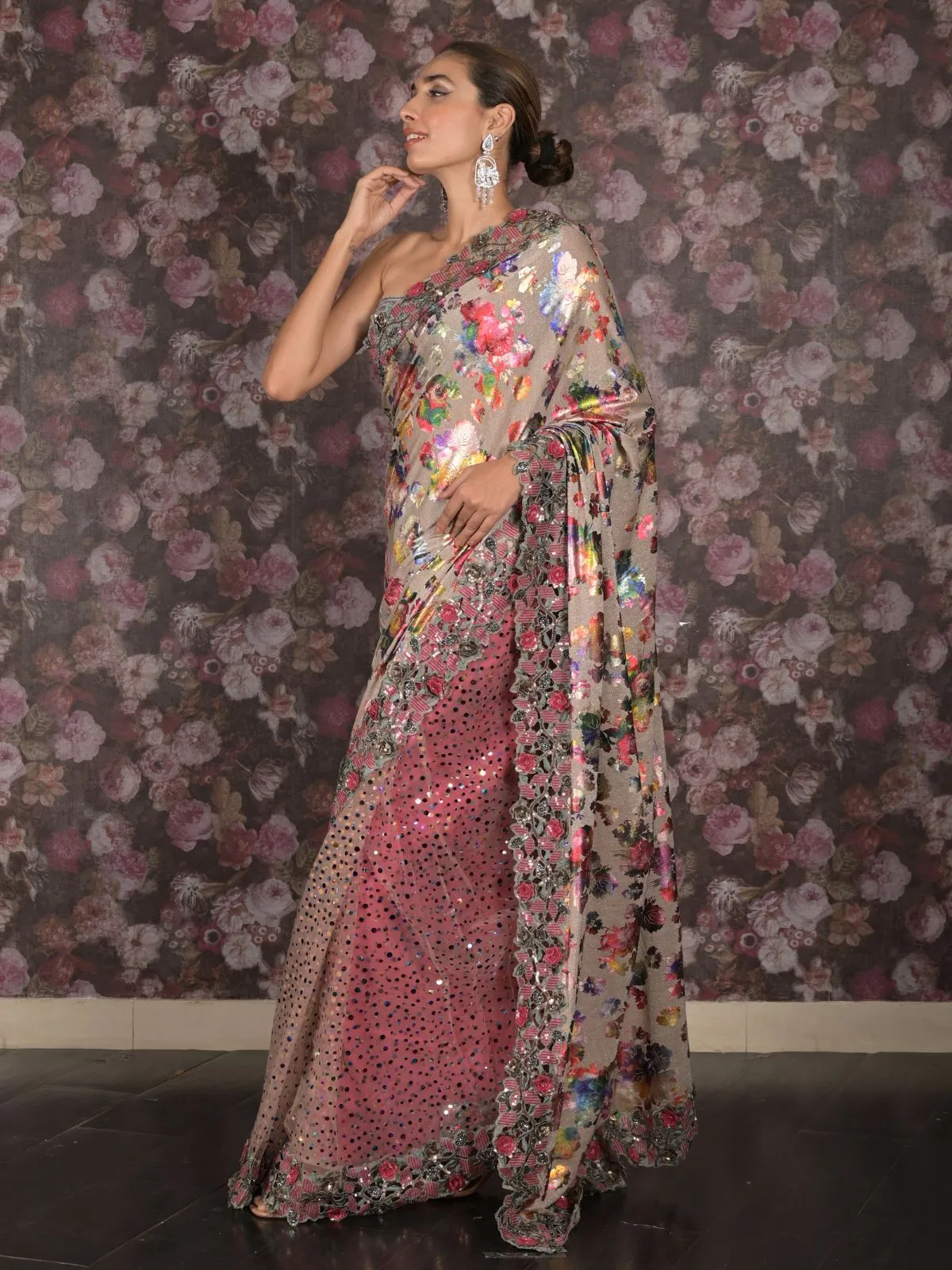 Odette Beige Shimmer Floral Printed Embellished Lycra Saree with Unstitched Blouse for Women