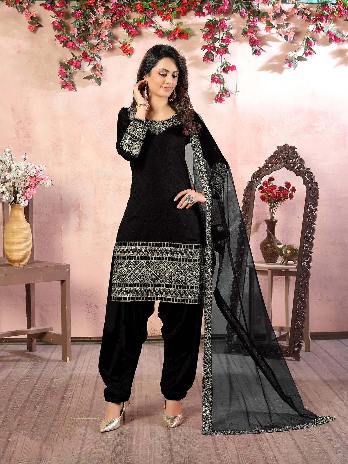 Odette Black Art Silk Embroidered Semi stitched Kurta Set For Women