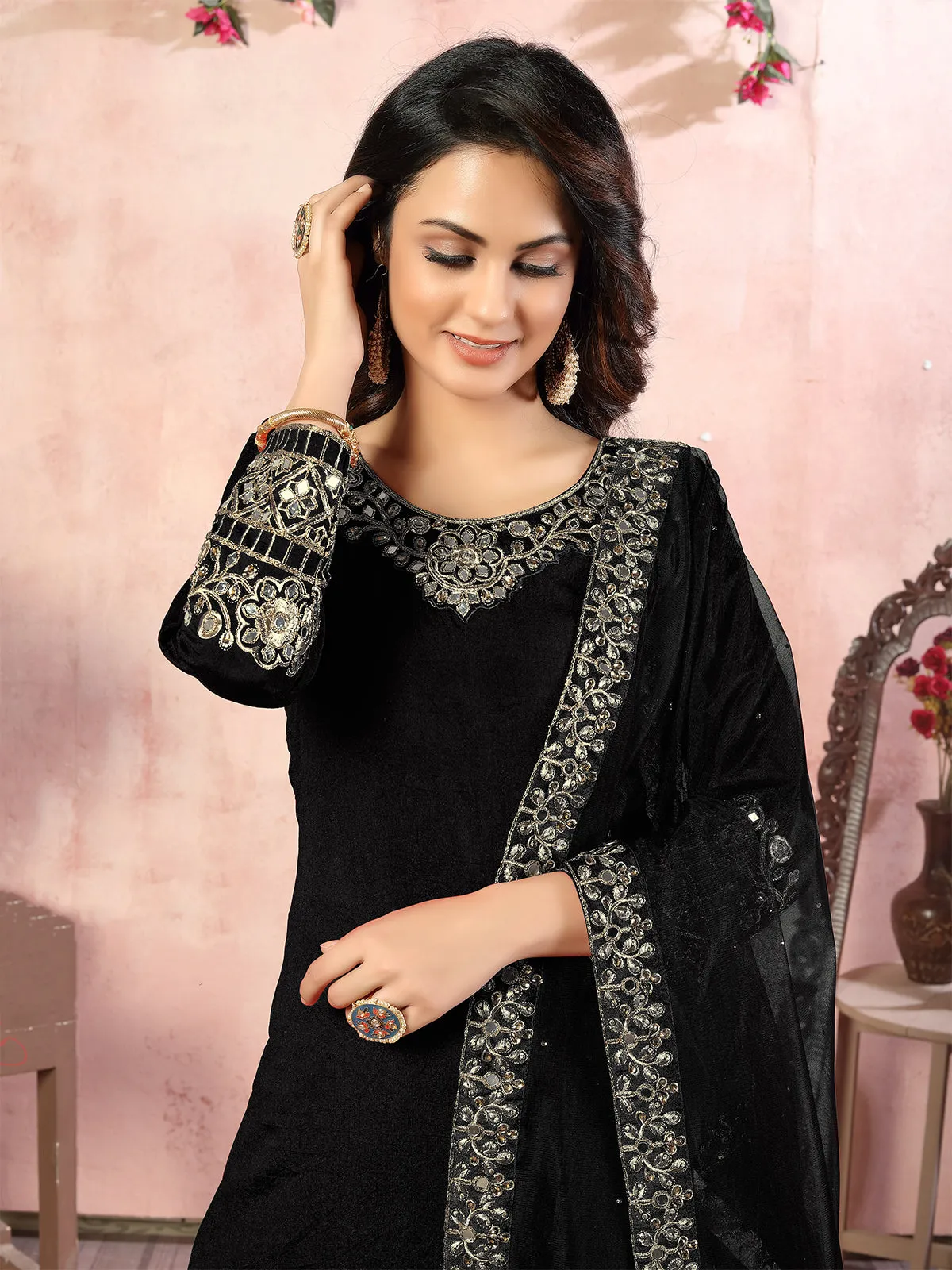 Odette Black Art Silk Embroidered Semi stitched Kurta Set For Women