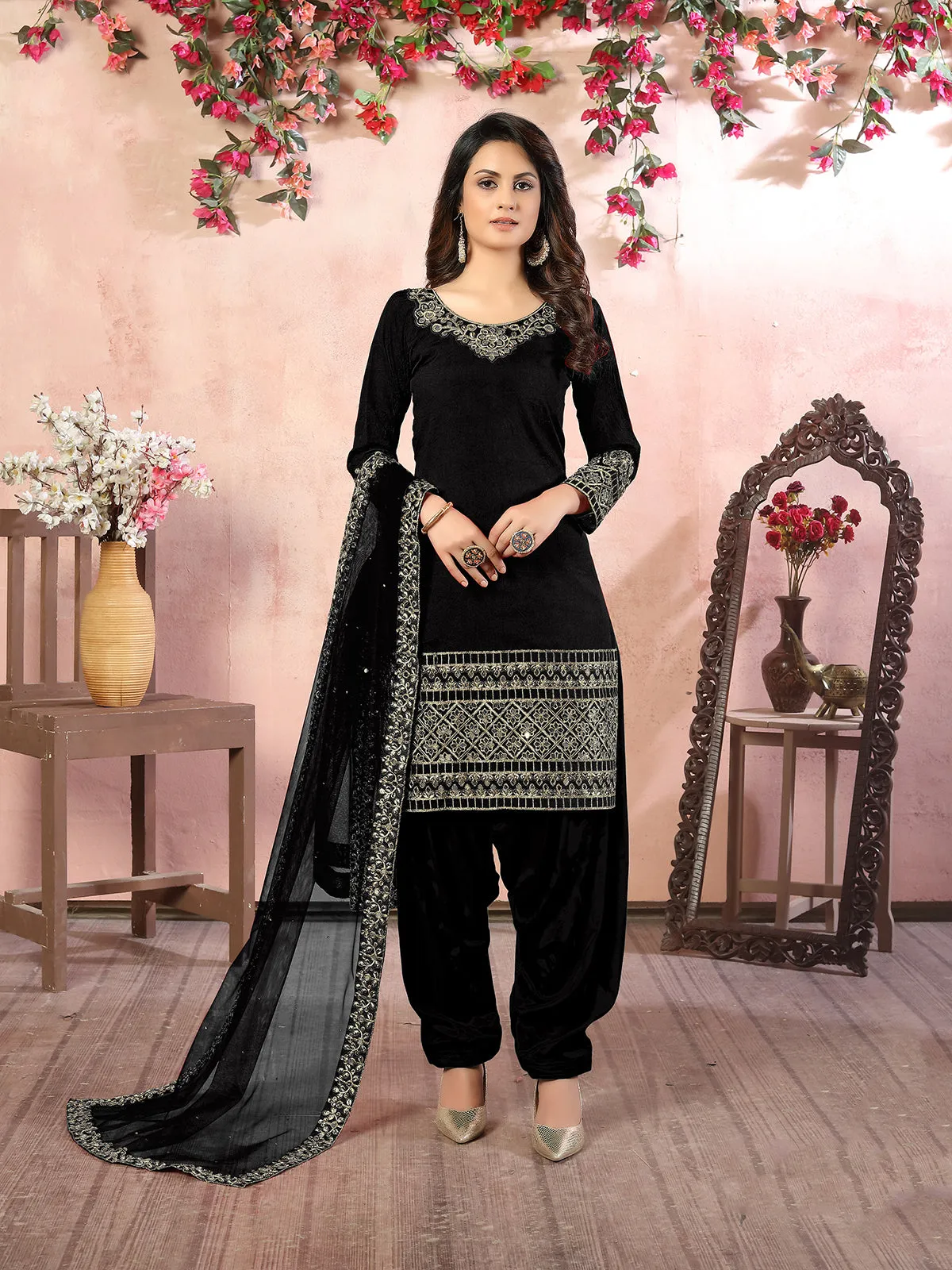 Odette Black Art Silk Embroidered Semi stitched Kurta Set For Women