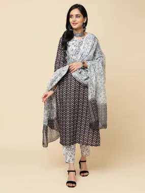 Odette Black Cotton Blend Printed Stitched Kurta Set For Women