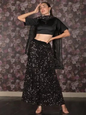 Odette Black Full Sequins Embroidered Stitched Velvet Lehenga with Unstitched Blouse for Women