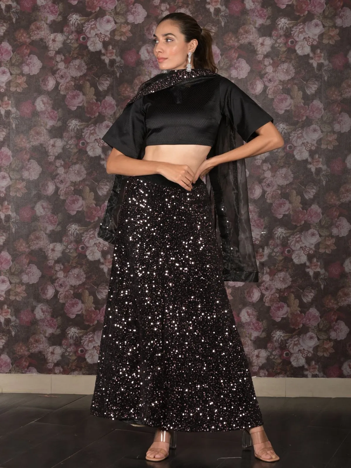 Odette Black Full Sequins Embroidered Stitched Velvet Lehenga with Unstitched Blouse for Women