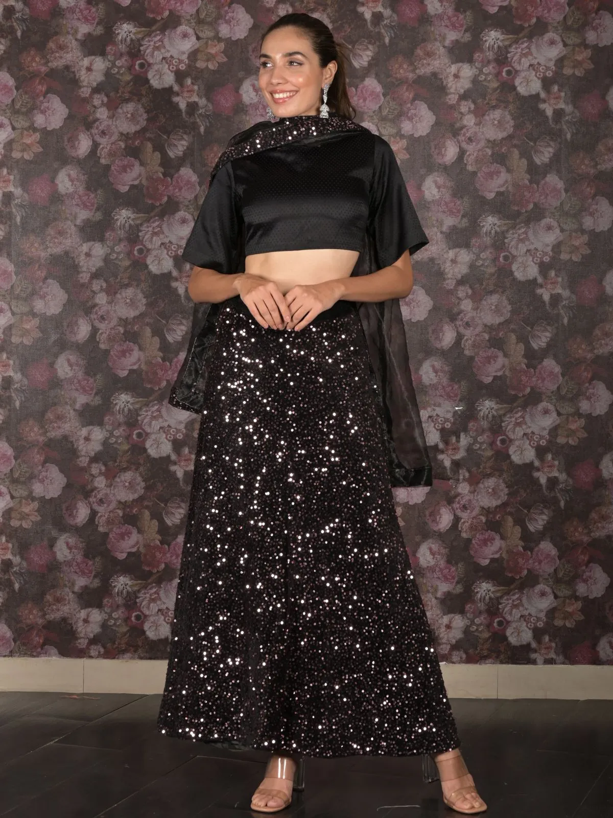 Odette Black Full Sequins Embroidered Stitched Velvet Lehenga with Unstitched Blouse for Women