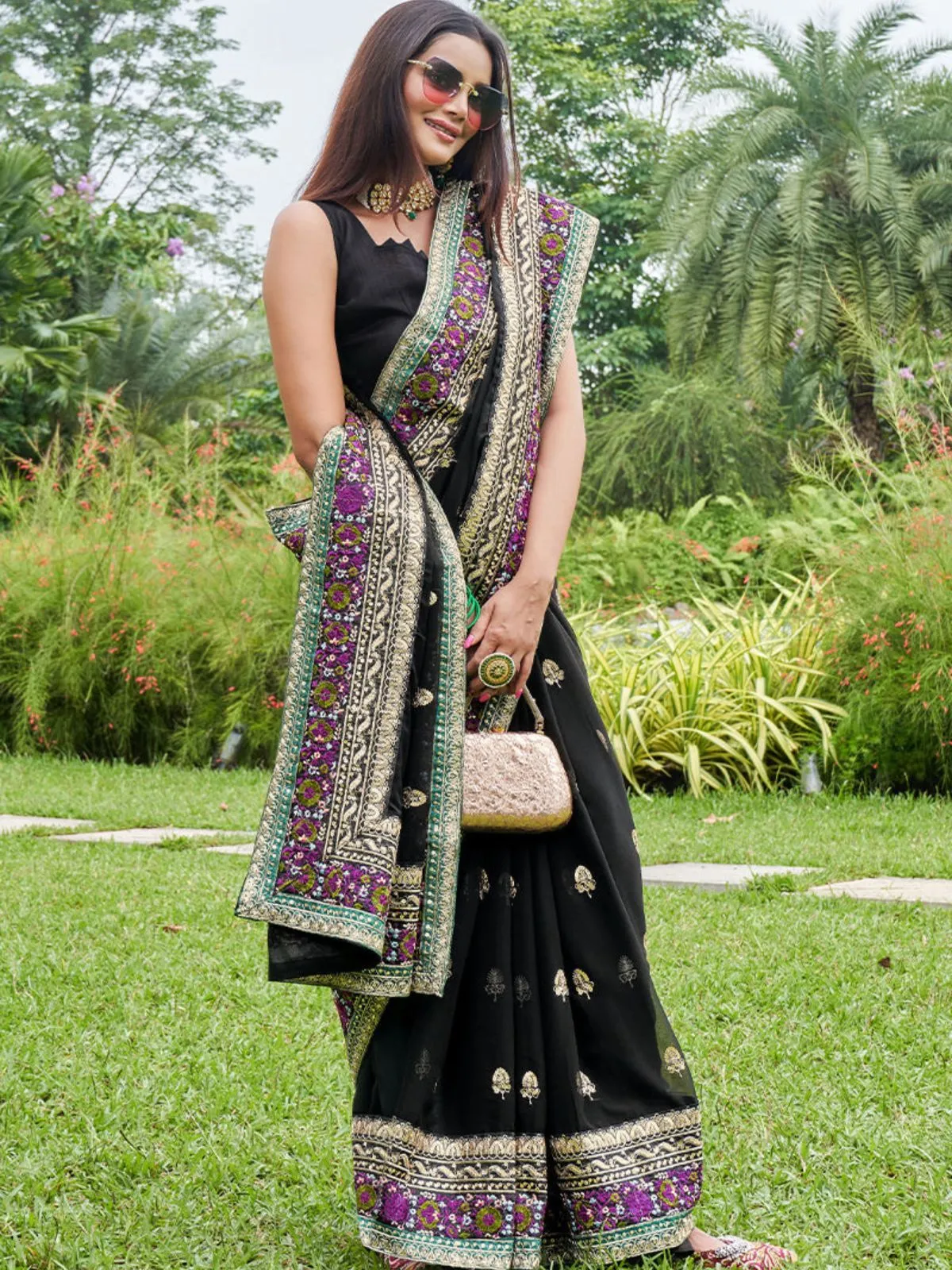 Odette Black Georgette Embroidered Saree with Unstitched Blouse for Women