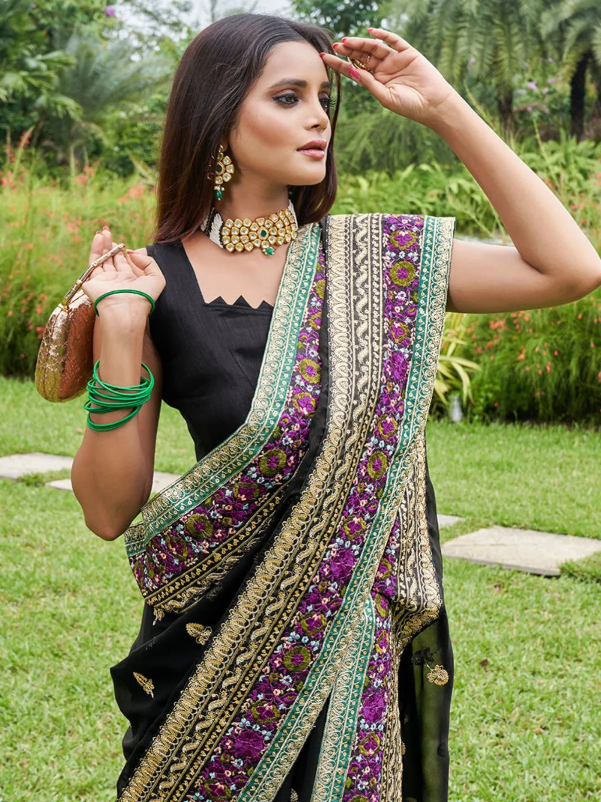 Odette Black Georgette Embroidered Saree with Unstitched Blouse for Women