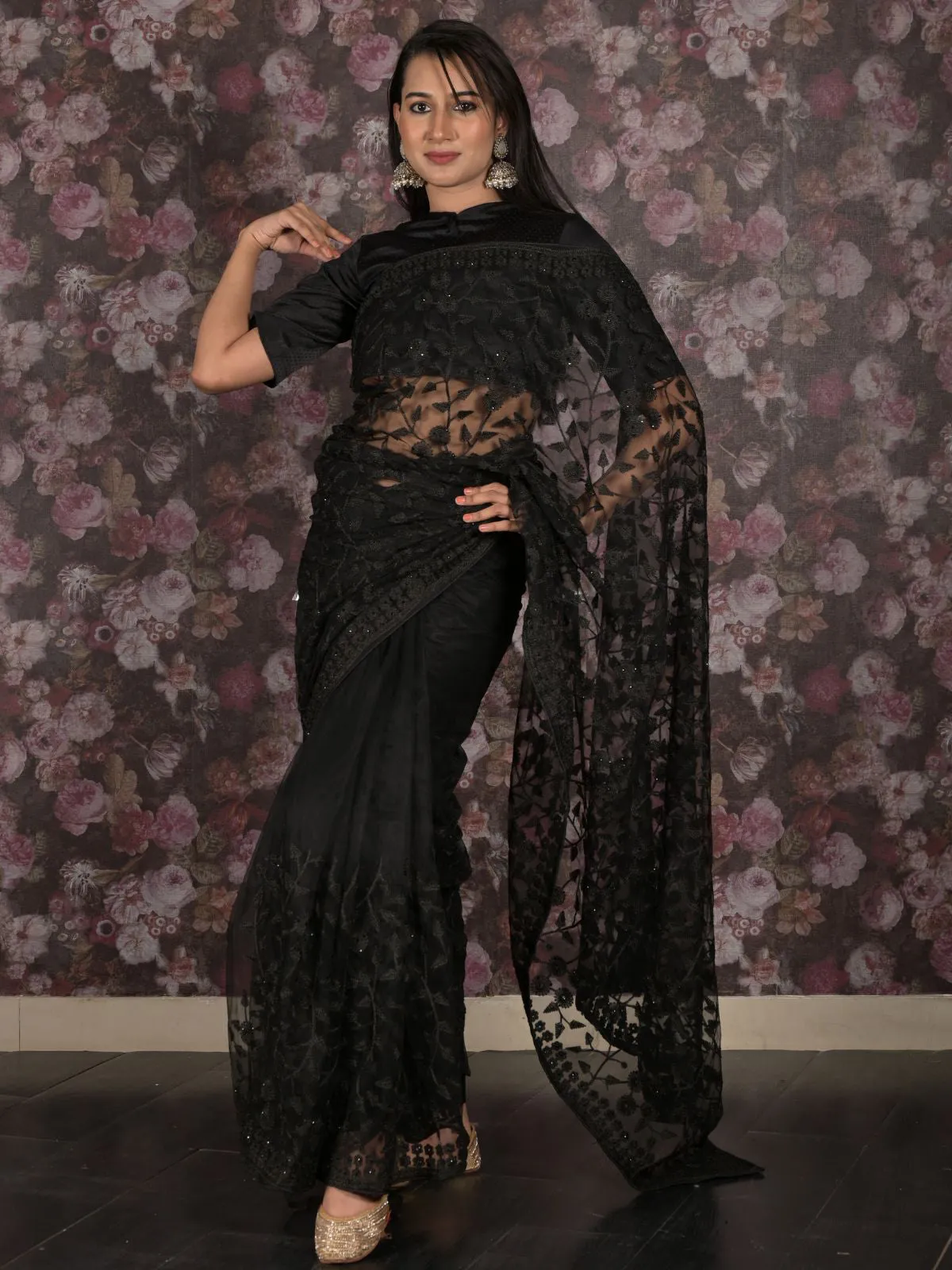 Odette Black Net Embroidered Saree With Unstitched Blouse For Women