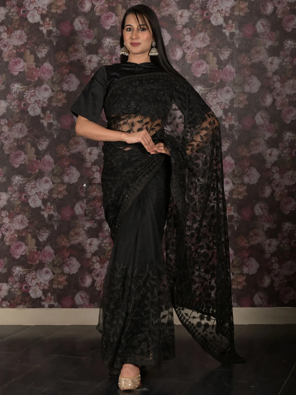 Odette Black Net Embroidered Saree With Unstitched Blouse For Women