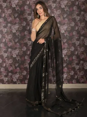 Odette Black Sequins Embroidered Poly Georgette Saree with Unstitched Blouse for Women