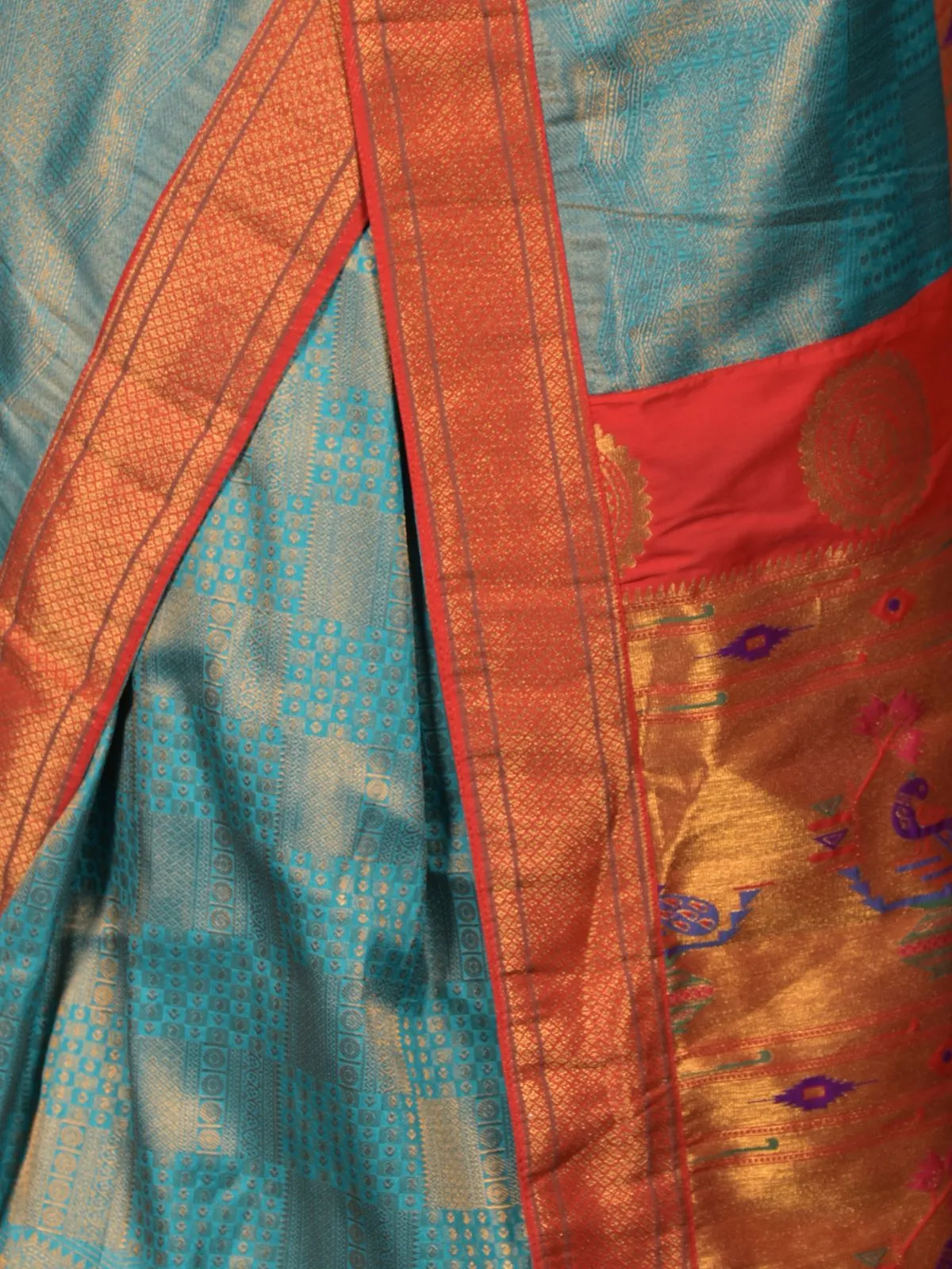 Odette Blue and Red Woven Banglori Silk Saree with Unstitched Blouse for Women