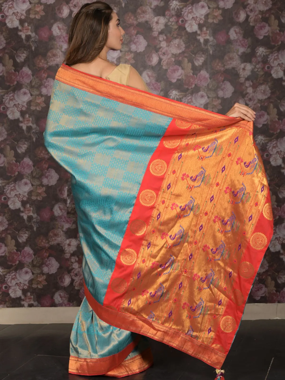 Odette Blue and Red Woven Banglori Silk Saree with Unstitched Blouse for Women