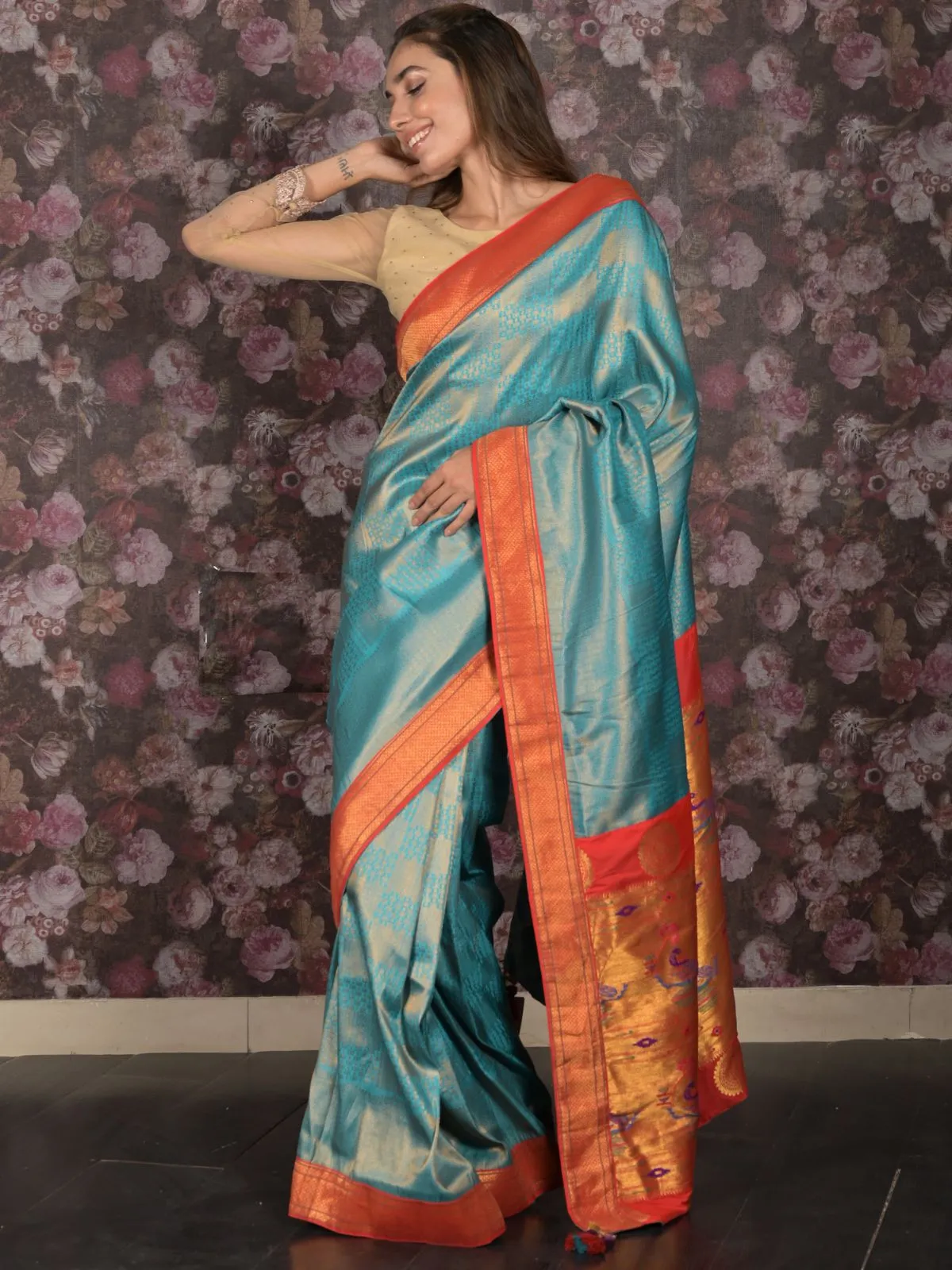 Odette Blue and Red Woven Banglori Silk Saree with Unstitched Blouse for Women