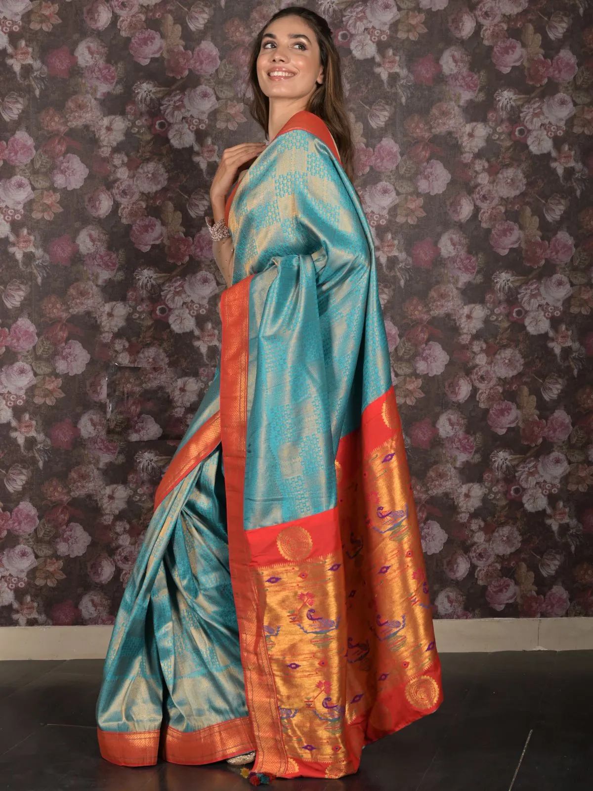 Odette Blue and Red Woven Banglori Silk Saree with Unstitched Blouse for Women