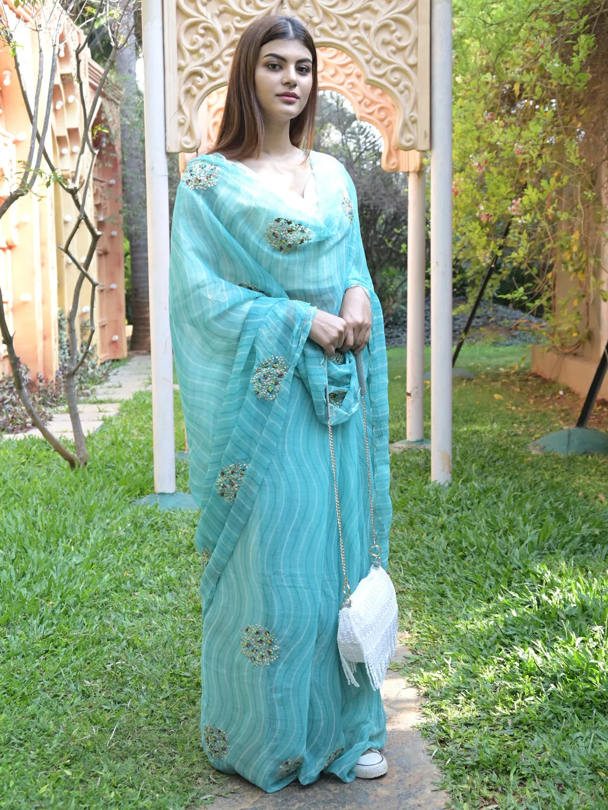 Odette Light Blue Embroidered Simmar Saree with Unstitched Blouse for Women