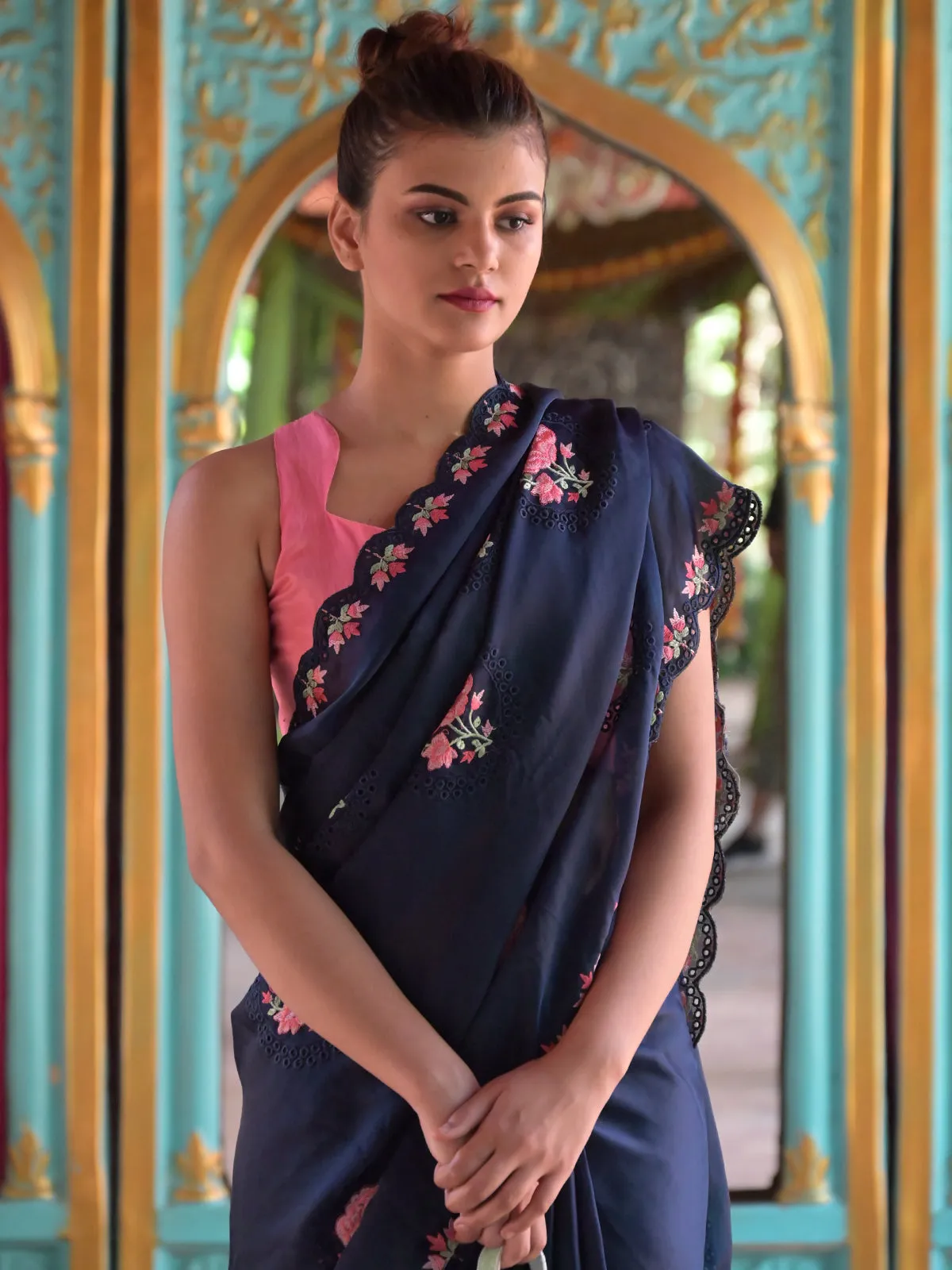 Odette Navy Blue Floral Embroidered Georgette Saree with Unstitched Blouse for Women