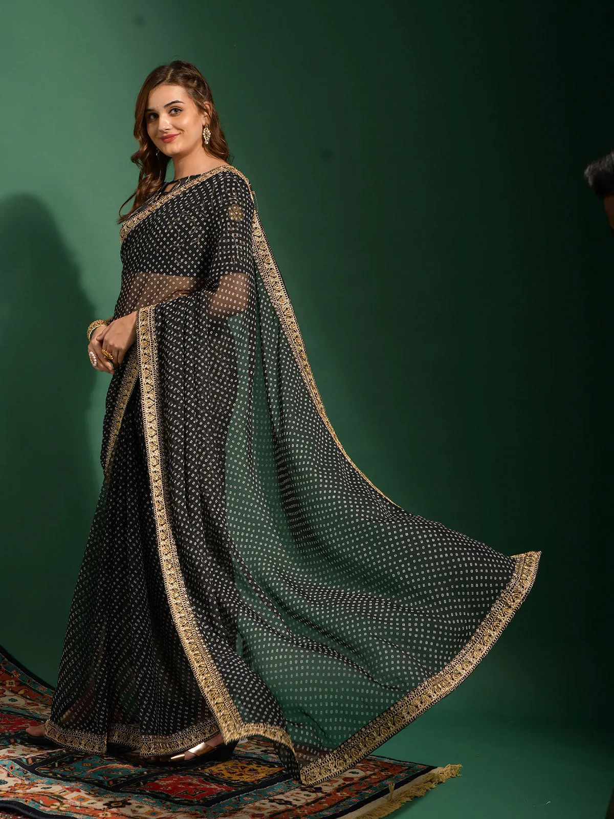 Odette Women Black Chiffon Designer Saree With Unstitched Blouse