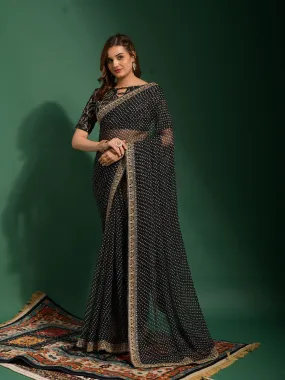 Odette Women Black Chiffon Designer Saree With Unstitched Blouse