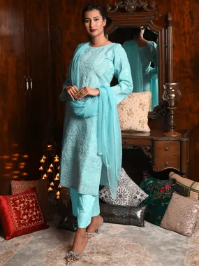 Odette Women Blue Cotton Chikankari Embroidered Unstitched Kurta Set