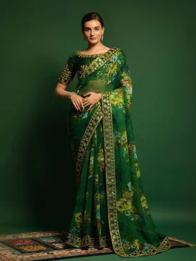 Odette Women Exceptional Green Printed Georgette Saree With Unstitched Blouse