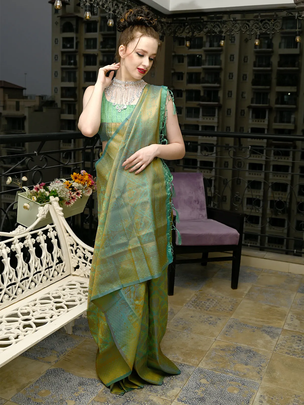 Odette Women Green Festive Woven Silk Saree With Unstitched Blouse