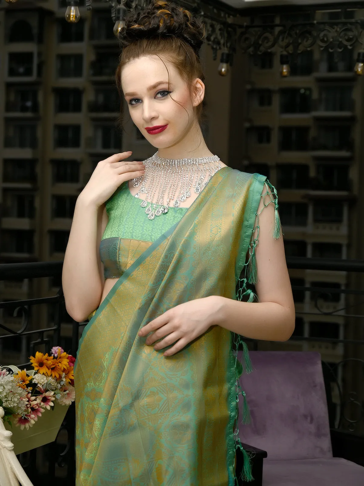 Odette Women Green Festive Woven Silk Saree With Unstitched Blouse