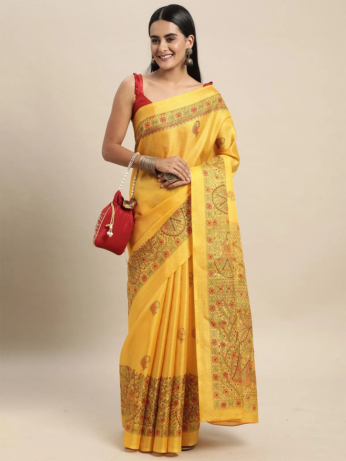 Odette Women Khadi Silk Mustard Printed Saree With Blouse Piece