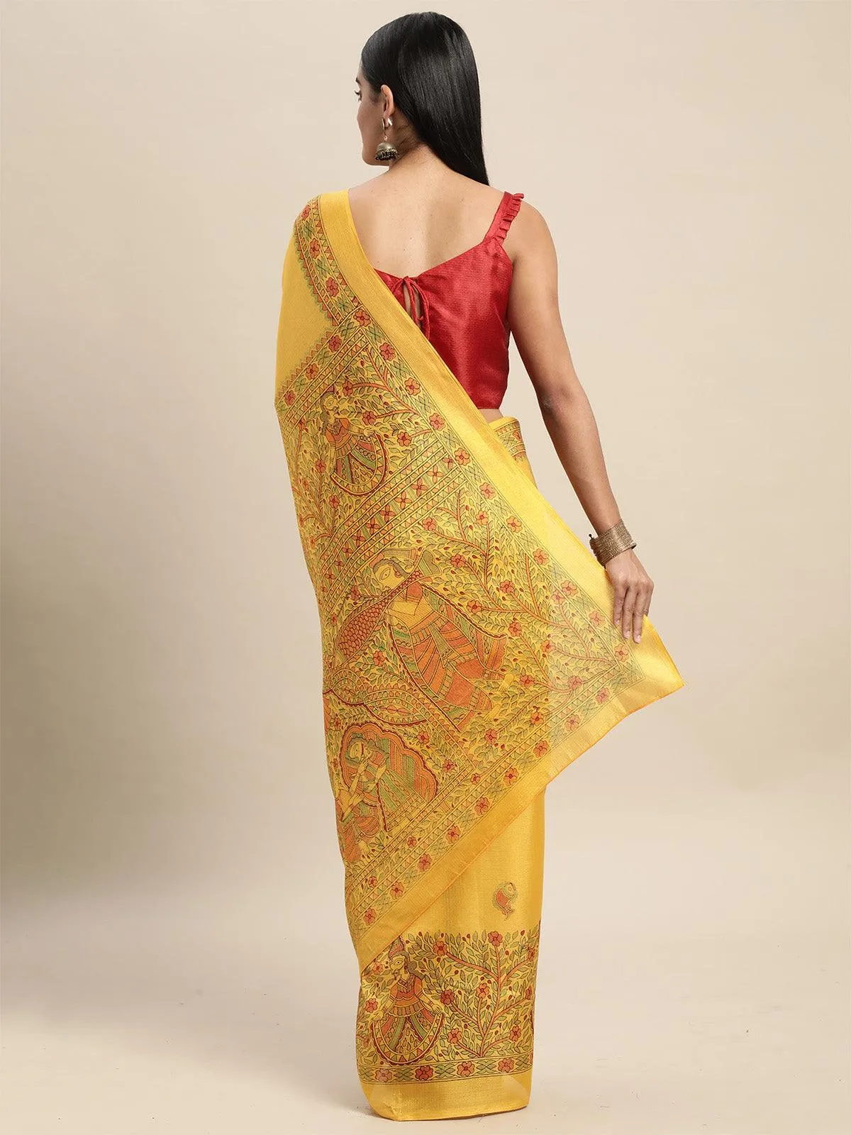 Odette Women Khadi Silk Mustard Printed Saree With Blouse Piece