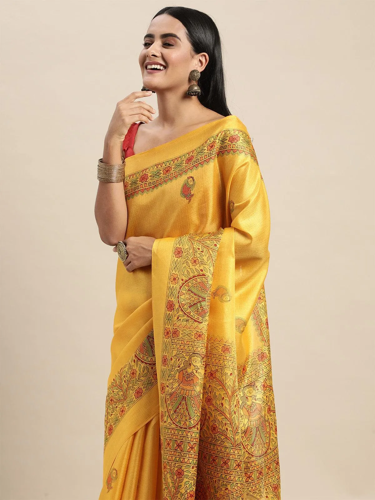 Odette Women Khadi Silk Mustard Printed Saree With Blouse Piece