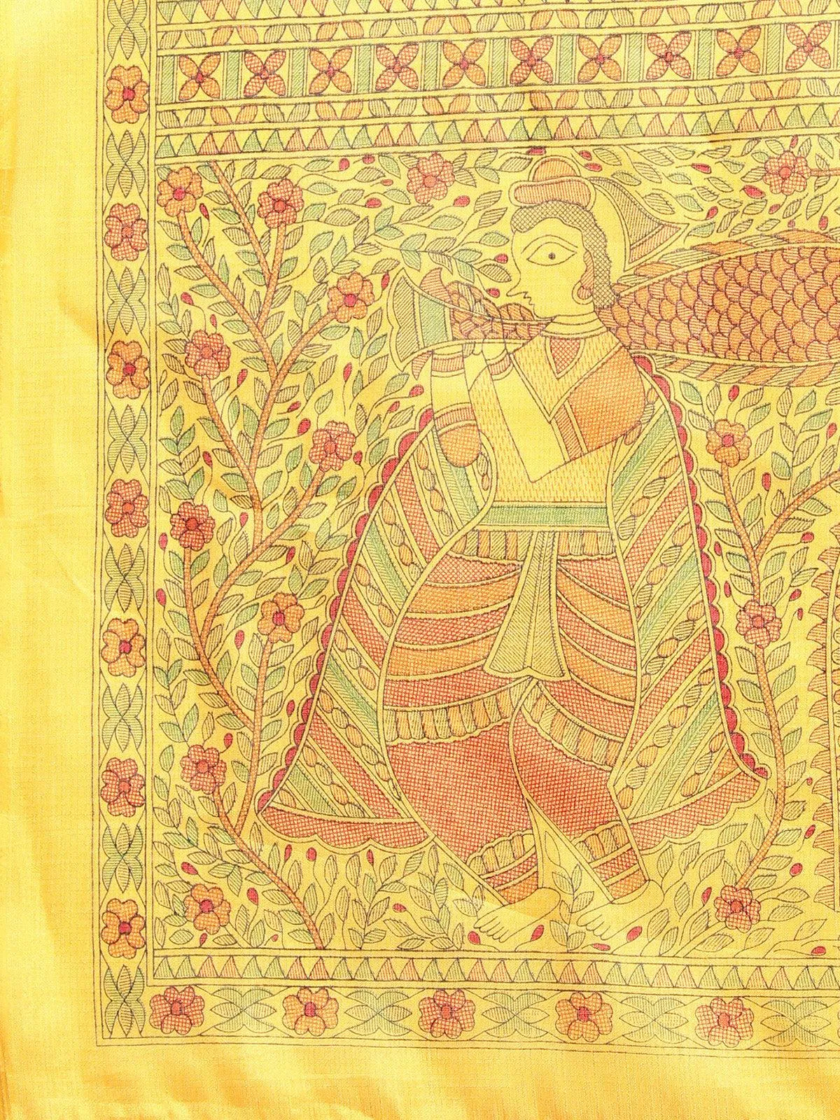 Odette Women Khadi Silk Mustard Printed Saree With Blouse Piece