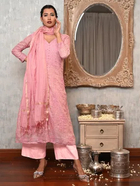 Odette Women Pink Shimmer Voile Chikankari Embroidered Unstitched Kurta Set