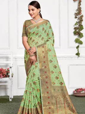 Odette Women Pista Cotton Heavy Jari Wevon Designer Stone Saree With Unstitched Blouse