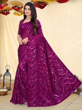 Odette Women Sparkling Magenta Sequins Saree With Unstitched Blouse